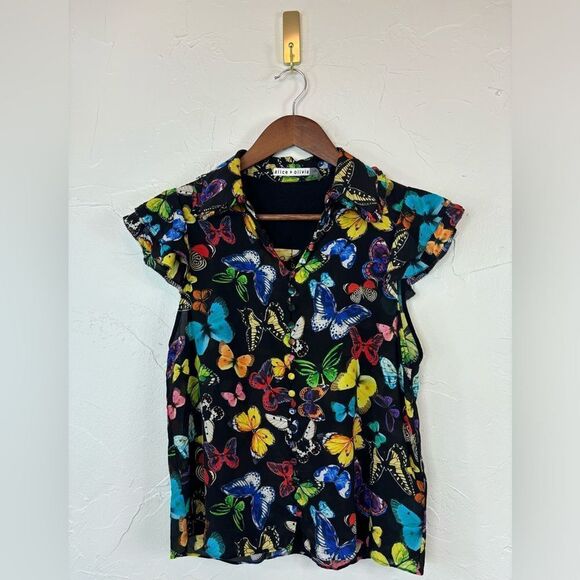 ALICE + OLIVIA Butterfly Print Silk Flutter Sleeve Top Blouse Colorful Rainbow - Picture 4 of 16